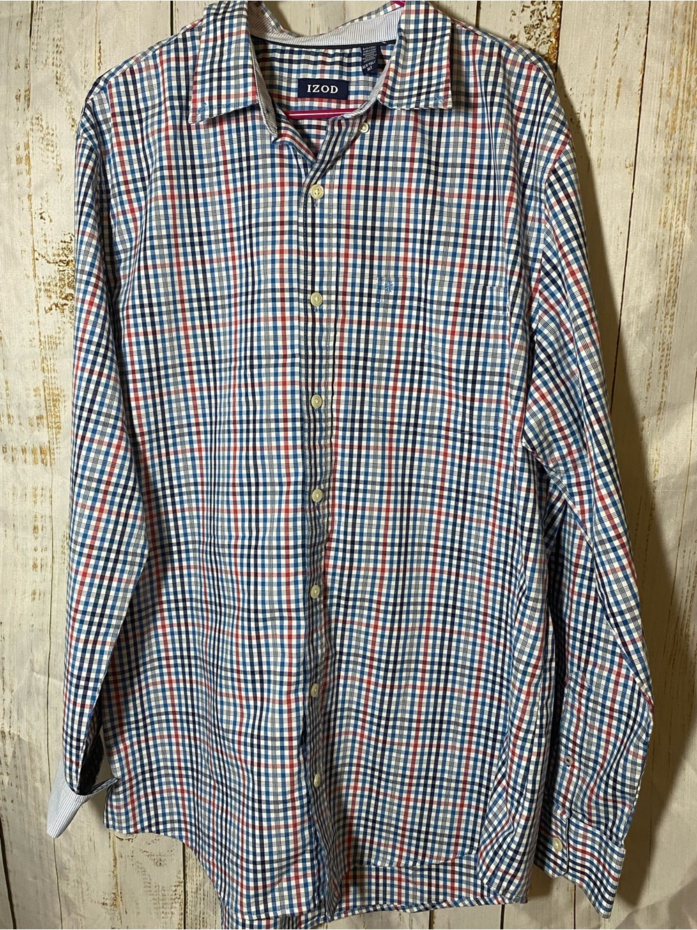 Izod Men's Blue, Red and White Plaid Button-Down Shirt